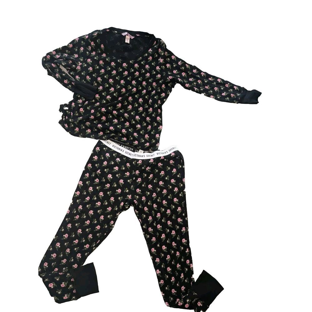 Victoria's Secret‎ Pajama Set Black  floral , Thermal Top Pants LG